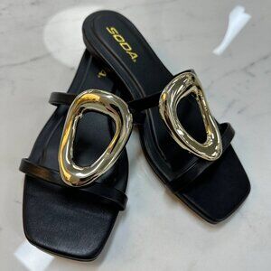 Soda Two-Strap Kitten Heel Slip-On Sandals Gold Detail Women's 8.5